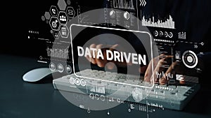 Data Driven Concept with Keyboard and Graphical User Interface Elements Representing Information Analysis and Technology