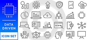 Data driven line icon set. Editable stroke. Containing as big data, data mining, algorithm, analytics, machine learning, ai,