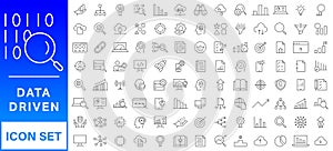 Data driven line icon set. Editable stroke. Containing as big data, data mining, algorithm, analytics, machine learning, ai,