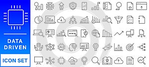 Data driven line icon set. Editable stroke. Containing as big data, data mining, algorithm, analytics, machine learning, ai,