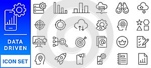 Data driven line icon set. Editable stroke. Containing as big data, data mining, algorithm, analytics, machine learning, ai,