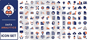 Data driven line icon set. Editable stroke. Containing as big data, data mining, algorithm, analytics, machine learning, ai,