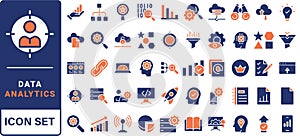 Data driven line icon set. Editable stroke. Containing as big data, data mining, algorithm, analytics, machine learning, ai,