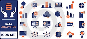 Data driven line icon set. Editable stroke. Containing as big data, data mining, algorithm, analytics, machine learning, ai,
