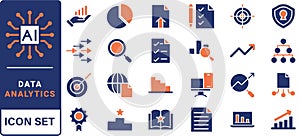 Data driven line icon set. Editable stroke. Containing as big data, data mining, algorithm, analytics, machine learning, ai,