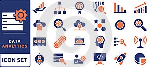 Data driven line icon set. Editable stroke. Containing as big data, data mining, algorithm, analytics, machine learning, ai,