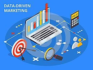 Data driven marketing concept in isometric design. Business grow