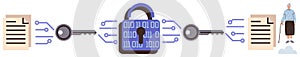 Data Encryption Concept with Keys, Padlock, and Secure File Transfer Between User and Document