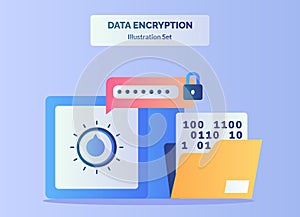 Data encryption illustration set input password to unlock vault bank background of number in file folder with flat color