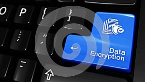 Data encryption moving motion on computer keyboard button.