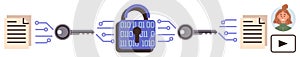 Data Encryption Process with Lock, Documents, and Keys Representing Cybersecurity