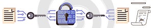 Data Encryption Process with Lock, Keys, Binary Code, and Documents for Secure Information Exchange