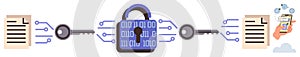 Data Encryption Process with Lock, Keys, and Digital Files Representing Secure Information Transfer