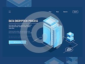 Data encryption process, protection digital information, server room, cloud storage isometric vector