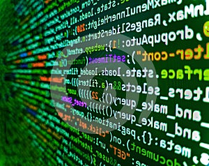 Data encryption security code on a computer display, close up. Application web source code on monitor. PHP development, software