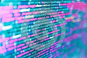 Data encryption security code on a computer display. PHP development, software site code. Developer working on program codes in