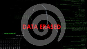 Data erased, unsuccessful attempt to hack server, criminal on codes background