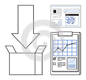 Data Export Process with Analytics Dashboard, Report Chart, and Open Box