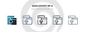 Data export of a window with an arrow icon in different style vector illustration. two colored and black data export of a window