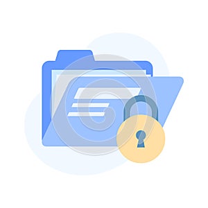 Data file with padlock showing flat concept icon of secure folder, data security vector