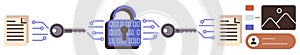 Data Encryption Process with Padlock, Files, and Digital Keys for Secure Information Sharing