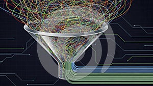 Data Filtering and Processing Funnel with Circuit Board Background