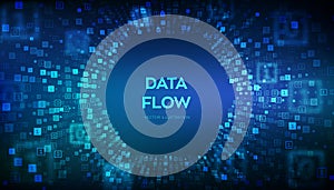 Data Flow. Binary data flow tunnel. Virtual tunnel warp. Coding, programming or hacking concept. Abstract futuristic cyberspace.