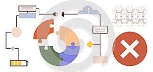 Data Flow Diagram with Puzzle Elements, Connectivity Icons, and Error Symbol