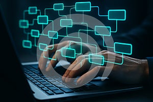 Data flow diagram software developer working on laptop coding algorithm programming process automation