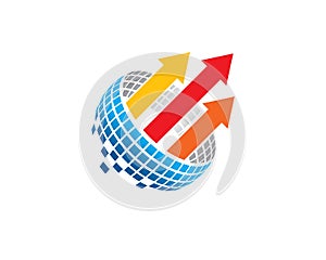 Data flow with red orange yellow arrow internet logo