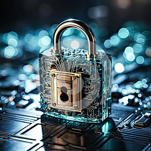 Data fortress, Lock with key on a chip symbolizes robust data protection.