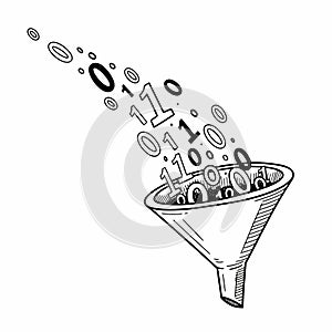 Data funnel illustration with binary code