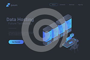 Data hosting Servers Isometric Flat black monochrome vector concept