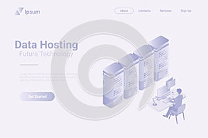 Data hosting Servers Isometric Flat white monochrome vector concept