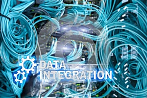 Data integration information technology concept on server room background