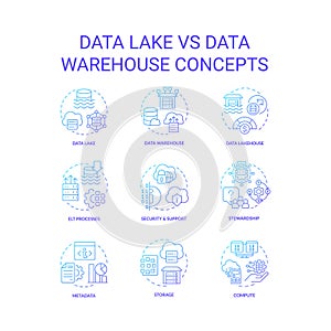 Data lake vs data warehouse blue gradient concept icons set