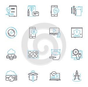 Data linear icons set. Analytics, Statistics, Information, Big data, Insights, Metrics, Numbers line vector and concept