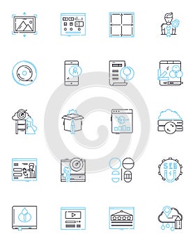 Data linear icons set. Analytics, Statistics, Information, Big data, Insights, Metrics, Numbers line vector and concept