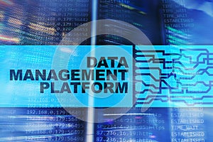 Data management and analysis plat.form concept on server room background