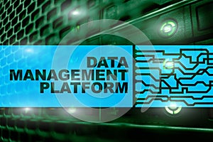 Data management and analysis platform concept on server room background