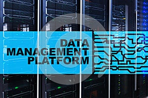 Data management and analysis platform concept on server room background