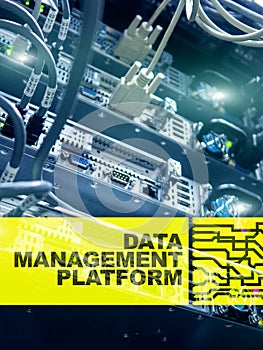 Data management and analysis platform concept on server room background