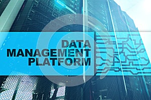 Data management and analysis platform concept on server room background.