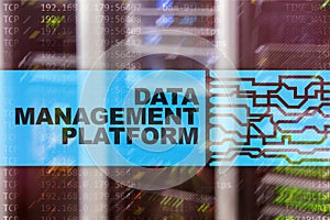 Data management and analysis platform concept on server room background.