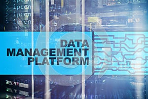 Data management and analysis platform concept on server room background.