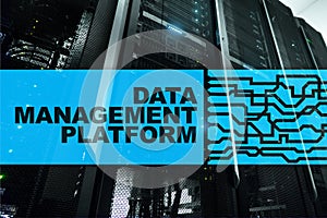 Data management and analysis platform concept on server room background.