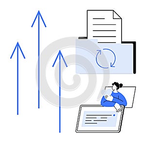Data Management and File Sharing Concept with Arrows and Folder Cloud Sync and Upload Process