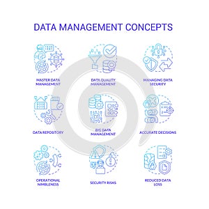 Data management blue gradient concept icons set