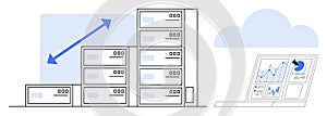 Cloud Computing and Data Storage Growth Concept with Analytics Dashboard and Servers