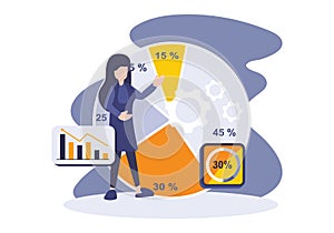 Data management concept. Woman with chart, diagram, and tables. Business metaphor, analysis, profit awareness, database, and